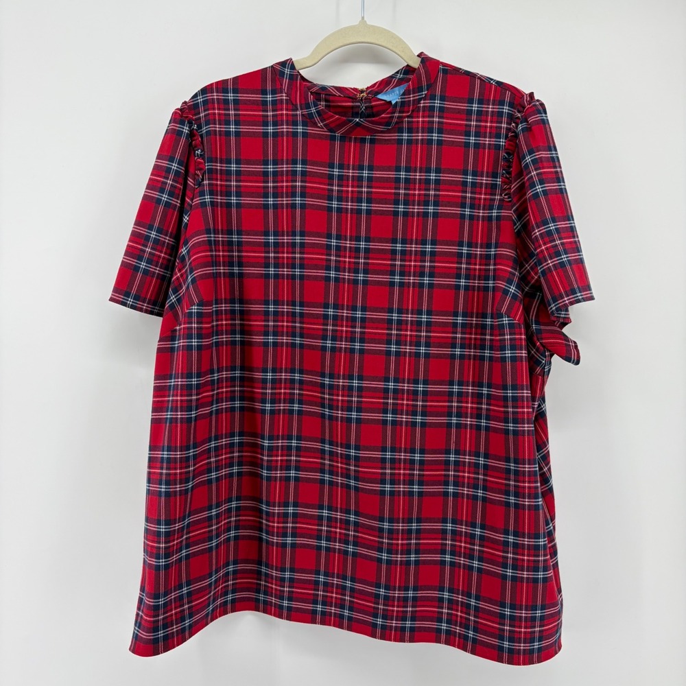 Draper James Womens‎ 2X Red Plaid Short Sleeve Ruffle Bow Back Blouse Top